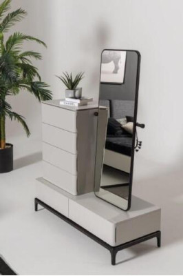 Modernes schwarz-weißes Schlafzimmer-Set (Bett, zwei Nachttische, Kommode mit Spiegel)