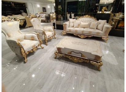 Sofagarnitur 3+1 Sitzer Sofa Set Komplett Textil Holz Wohnzimmer Luxus Sofa Neu