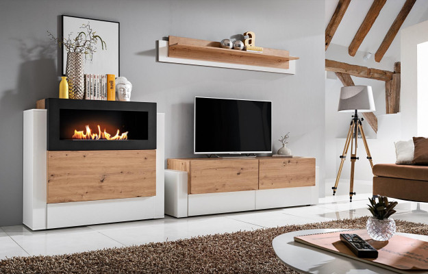 Designer Weiß Wohnwand Luxus Kommode mit Kamin Einrichtung Wohnzimmermöbel