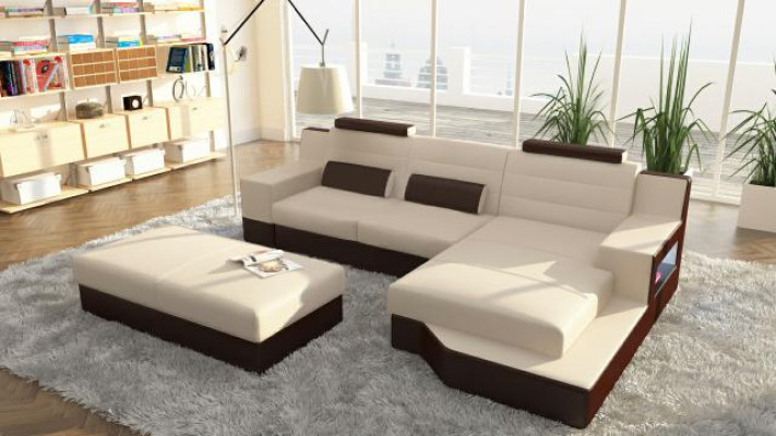 Designer Ecksofa Leder Textil Polster Garnitur Sofa Couch Wohnlandschaft