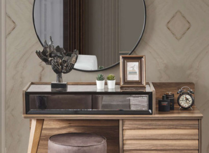 Brauner Holz Schminktisch mit Rundspiegel Designer Schlafzimmer 2tlg Set Konsole