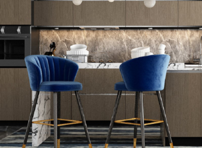 Blauer Barhocker Designer Möbel Edelstahl Polster 1-Sitzer Holzfüße