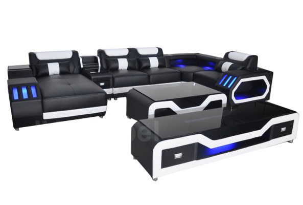 Leder Sofas Eck Garnitur Design Sofa Wohnlandschaft + Couch Tisch + RTV G8046