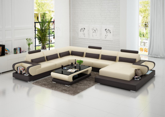 Ledersofa mit USB,Couch Wohnlandschaft Ecksofa Eck Garnitur Design Modern Sofa