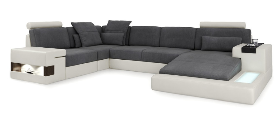 Ecksofa Sofa Wohnlandschaft U Form Polster Couch Ledersofa Stoff Leder USB + LED