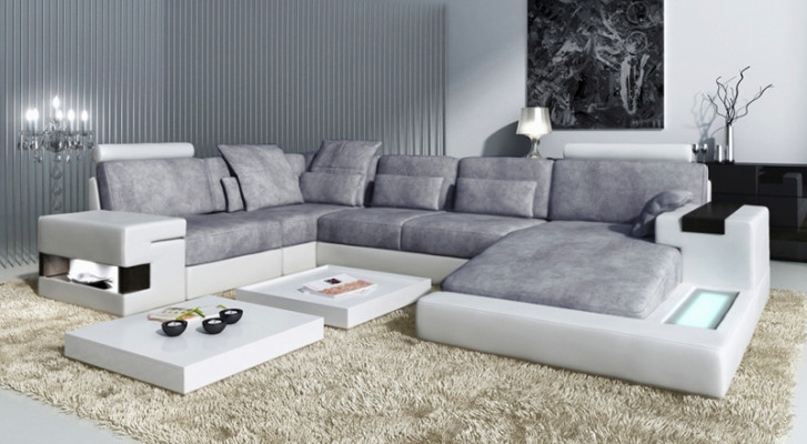 Ecksofa Wohnlandschaft U Form Ledersofa Sofa Polster Couch Stoff Leder USB + LED