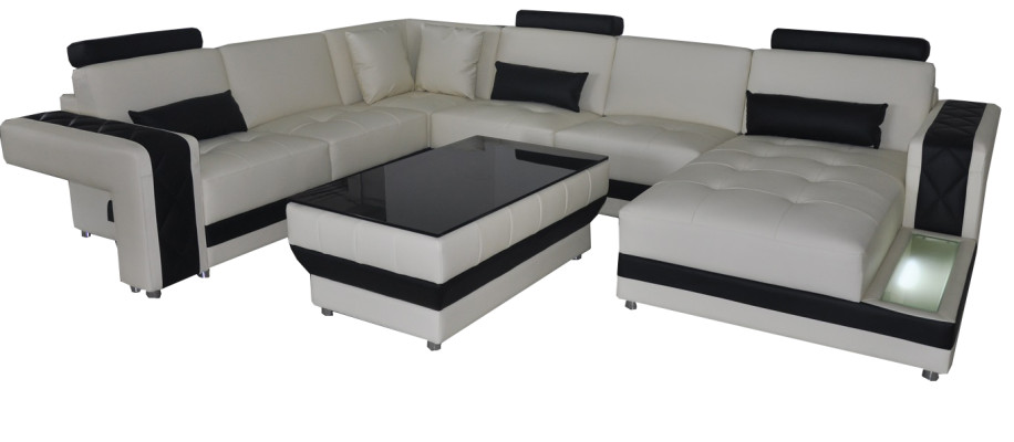 Ledersofa Couch Wohnlandschaft Eck Garnitur Design Modern Sofa U-Form LED USB