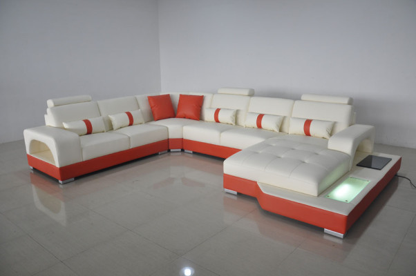 Ecksofa Leder Sofa Couch Polster Eck Sitz Wohnlandschaft U-Form Cream Orange Neu