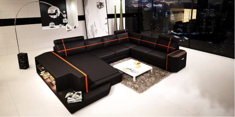 Ecksofa Ledersofa Modernes Sofa Couch U Form Wohnlandschaft +Beleuchtung PHM108