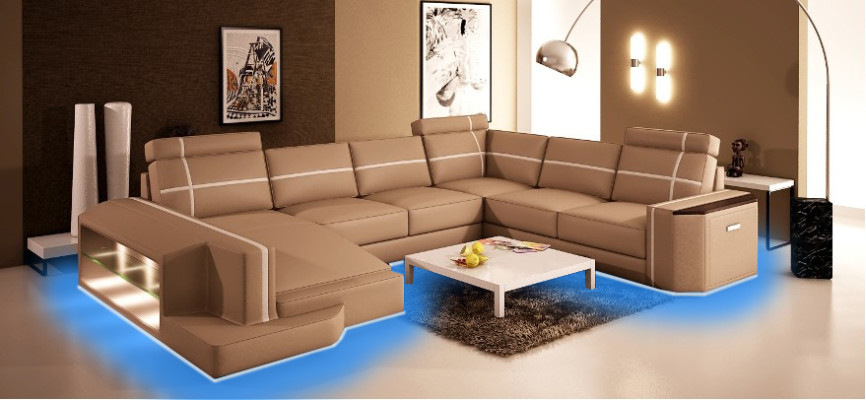 Ecksofa Ledersofa Modernes Sofa Couch U Form Wohnlandschaft +Beleuchtung PHM108