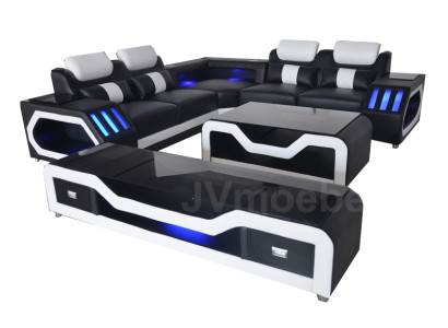 Ledersofa Wohnlandschaft Eck Garnitur Design Modern Sofa mit USB + Couchtisch