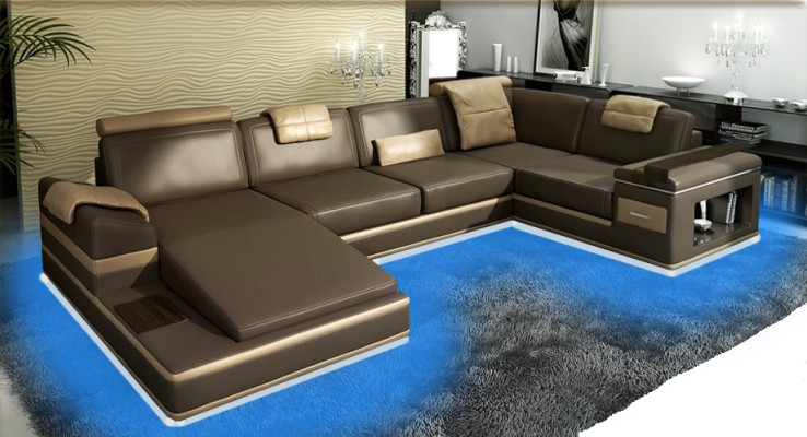 Ecksofa Sofa Couch Polster Leder Garnitur Wohnlandschaft Ecke Wohn Beige