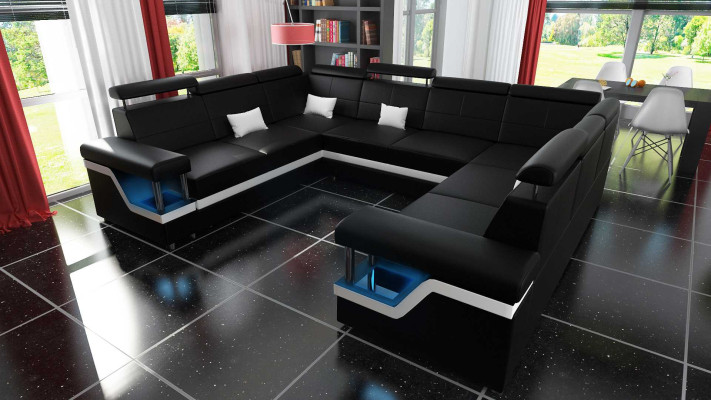 Ledersofa mit USB Big XXL Couch Ecksofa Wohnlandschaft Couch Polster Sitz LED
