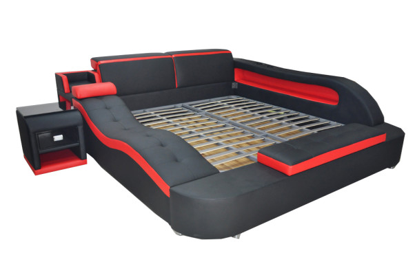 Doppel Luxus Leder Bett +USB Polster Betten Moderne Hotel Multifunktion