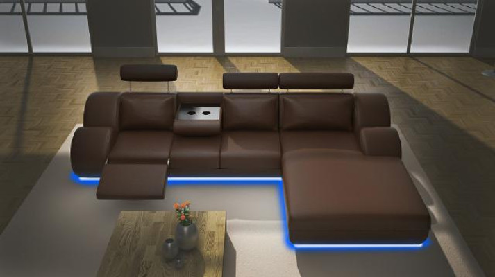 Designer Garnitur Wohnlandschaft Eckcouch Sofa USB Polster Ledersofa Sofas Grau