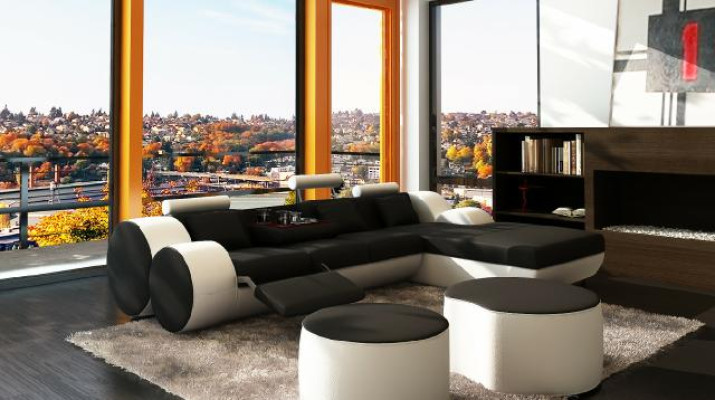 Designer Leder Ecksofa Wohnlandschaft Ledercouch+ USB Garnitur Eckcouch Madrid