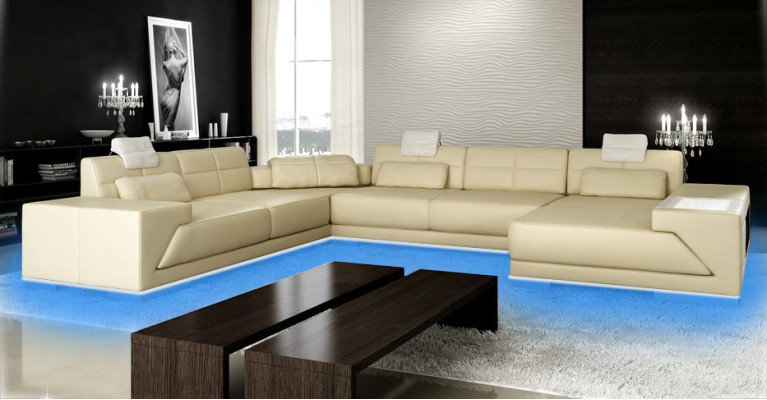 Ledersofa Sofa mit USB Couch Designersofa U Form Eckgarnitur Polsterecke XXL Big