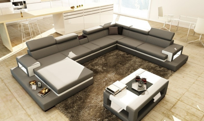 Ledersofa mit USB,Sofa Ecksofa U Form Couch Wohnlandschaft Designer Sitz Ecke