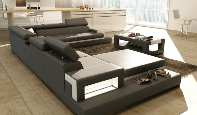 Ledersofa mit USB,Sofa Ecksofa U Form Couch Wohnlandschaft Designer Sitz Ecke