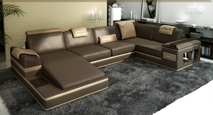 Ecksofa Sofa USB + LED Wohnlandschaft U Form Polster Couch Ledersofa Stoff Leder