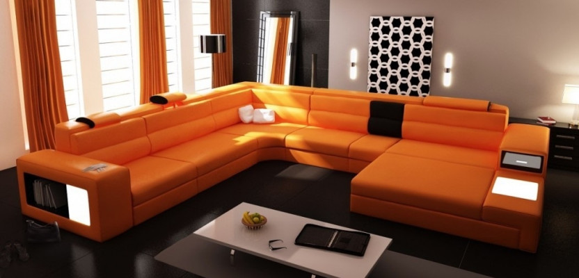Wohnlandschaft Ledersofa Couch Ecksofa Eck Garnitur Design Modern Sofa + USB Neu