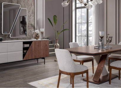 Braun-Graue Esszimmer Garnitur Esstisch 4x Stühle Kommode Spiegel 7tlg