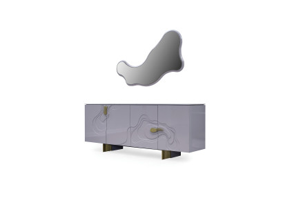 Anrichte Garnitur Sideboard mit Spiegel Schrank Holz Rosa Esszimmer