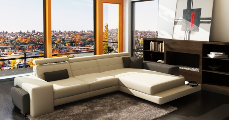 Ecksofa + USB Polster Sofa Wohnlandschaft Sitz Eck Garnitur Leder Textil Geroda