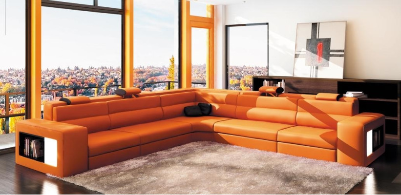Ledersofa Sofa Couch Ecksofa Sitz Polster Wohnlandschaft XXL Big Weiden Orange