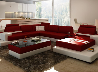 Sofa Couch Wohnlandschaft XXL Couch Ledersofa mit Ottomane Sofagarnitur 2725