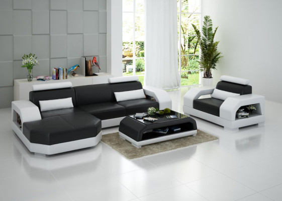 Ledersofa Couch Wohnlandschaft Ecksofa + Sessel Garnitur Design Modern LED USB
