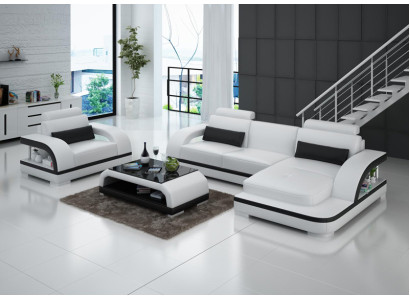 Ledersofa Couch Wohnlandschaft Ecksofa + Sessel Garnitur Modern Sofa LED + USB