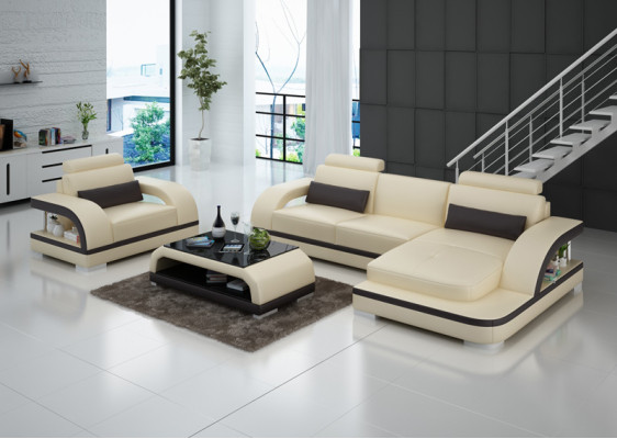 Ledersofa Couch Wohnlandschaft Ecksofa + Sessel Garnitur Modern Sofa LED + USB