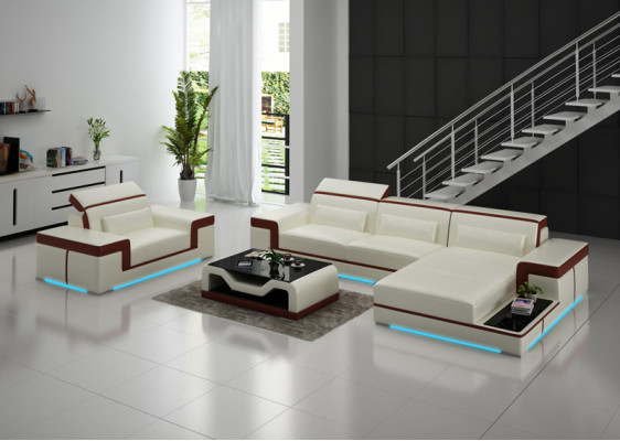 Ledersofa Couch Wohnlandschaft Ecksofa + Sessel Eck Garnitur Dekor Design