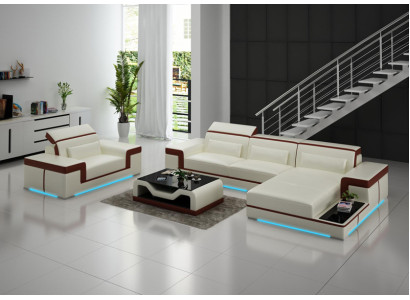 Ledersofa Couch Wohnlandschaft Ecksofa + Sessel Eck Garnitur Dekor Design