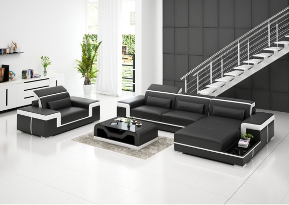 Ledersofa Couch Wohnlandschaft Ecksofa + Sessel Eck Garnitur Dekor Design