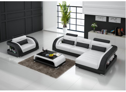 Ledersofa Couch Wohnlandschaft Ecksofa + Sessel Neu Garnitur Design