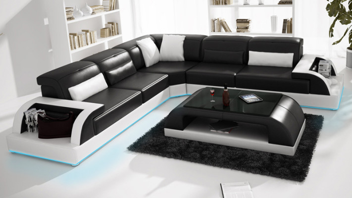 Ledersofa Couch Wohnlandschaft Ecksofa Eck Garnitur Design Modern Sofa USB Weiß