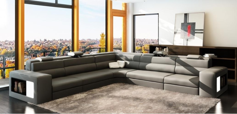 Ledersofa Sofa mit USB Ecksofa Sitz Polster Wohnlandschaft XXL Big Weiden Black