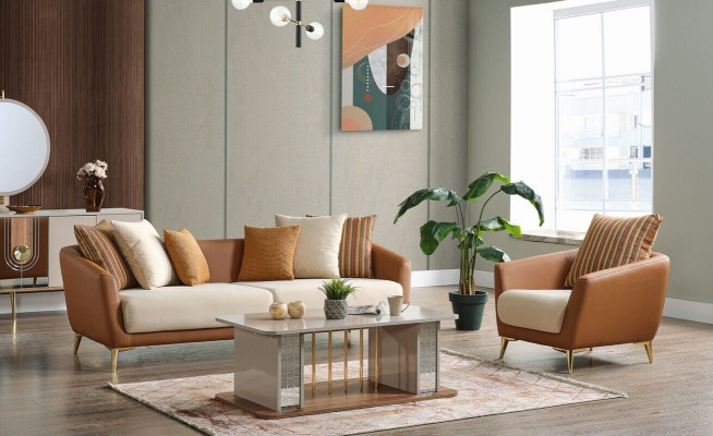 Sofagarnitur 3+1 Sitzer Textil Holz Sofa 3 Sitzer Modern Sessel Komplett Set