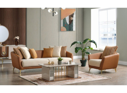 Sofagarnitur 3+1 Sitzer Textil Holz Sofa 3 Sitzer Modern Sessel Komplett Set