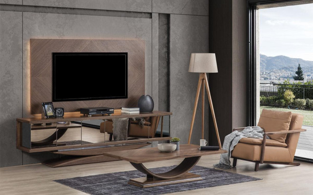 Wohnwänd Wand Holz Modern Stil Regal Wohnzimmer Möbel Schrank RTV mit TV Rahmen