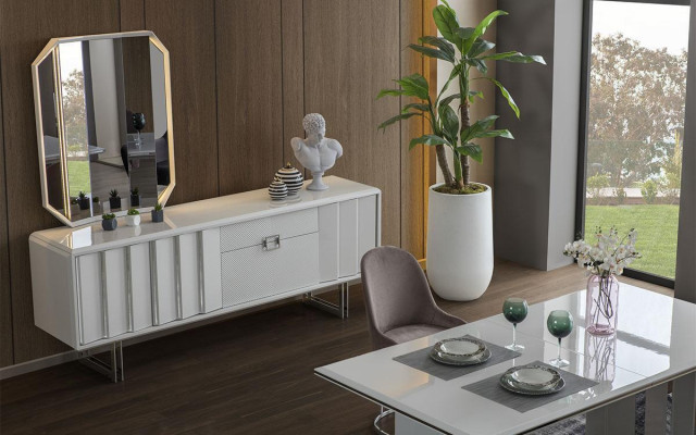 Luxus Esszimmer Set Esstisch + 6x Stühle + Sideboard mit Spiegel Modern Komplett