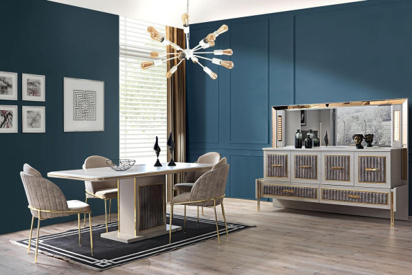 Luxur Esszimmer Set Esstisch 6x Stühle Anrichten mit Spiegel 8 tlg Möbel