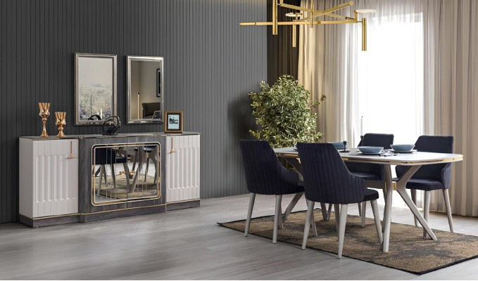 Luxus Esszimmer Set Esstisch + 6x Stühle + Sideboard mit 2x Spiegel Neu Set