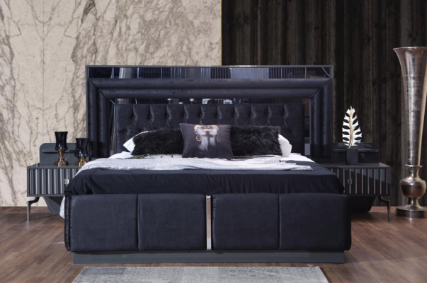Komplettes Schwarzes Schlafzimmer Set Luxus Doppelbett Nachttische 4tlg