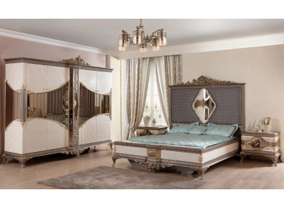 Weiß-Goldene Schlafzimmer Garnitur Doppelbett 2x Nachttische Schrank Set Bett
