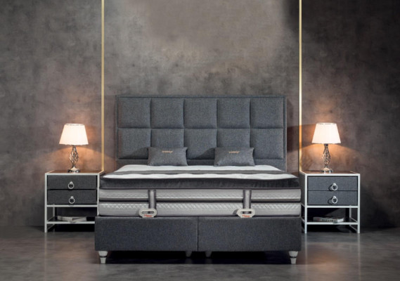 Schlafzimmer Set Grau Bett Design Modern Luxus 2x Nachttische 3 tlg