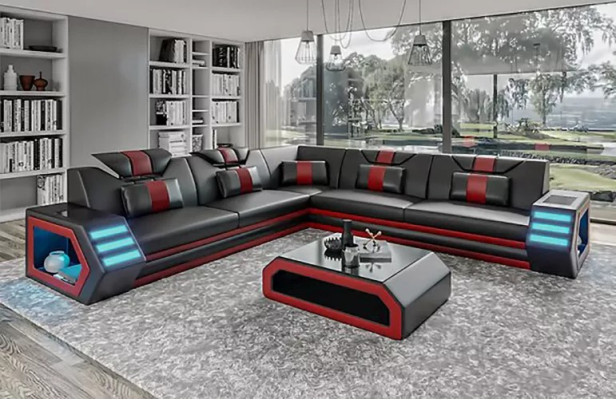 Design Wohnzimmer Eckcouch Ecksofa Möbel Lederpolster Couch Sofa L Form + Tisch