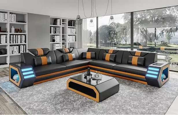 Design Wohnzimmer Eckcouch Ecksofa Möbel Lederpolster Couch Sofa L Form + Tisch